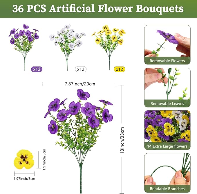 Alupssuc 36 Bundles Artificial Flowers for Outdoors, Fake Spring Flowers for Decoration, UV Resistant Realistic Pansies with Eucalyptus Silk Faux Flowers for Porch Patio Yard, Purple Yellow White
