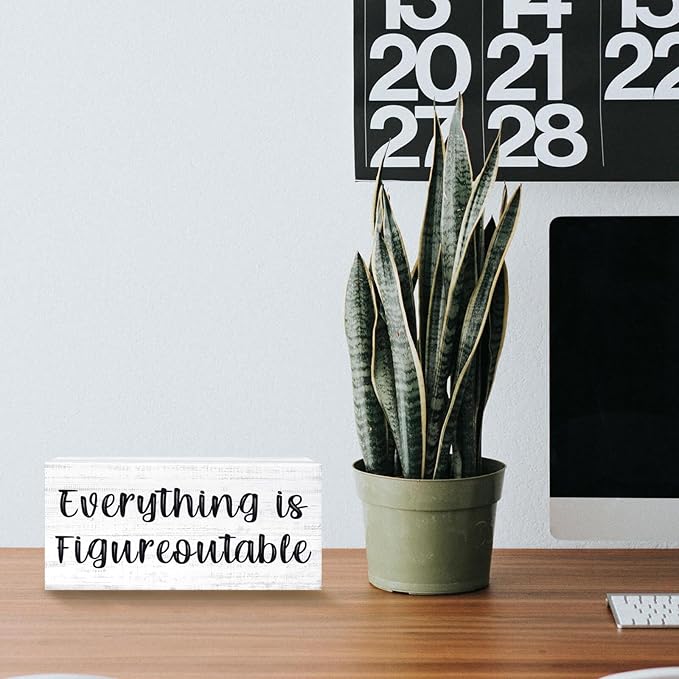 Esur Home Office Desk Decor - Inspirational Farmhouse Wooden Box Sign - Everything is Figureoutable(White)