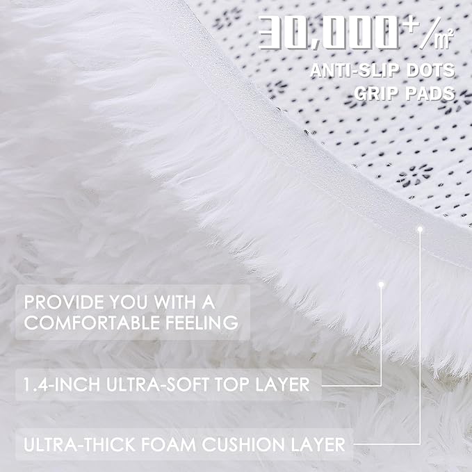 OLANLY 6x6 Area Rugs for Living Room Bedroom, Machine Washable Soft Fluffy Shaggy Bedside Rug, Indoor Floor Carpet for Kids Girls and Boys, Dorms, Nursery Rooms, Home Decor Aesthetic, White