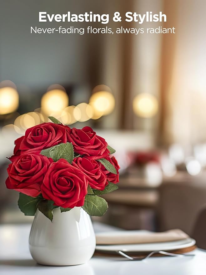InnoGear Artificial Flowers, 50 Pcs Dark Red Foam Fake Roses Bulk with Stems for Decoration Celebration DIY Wedding Bouquets Centerpieces Bridal Shower Party Christmas Tree