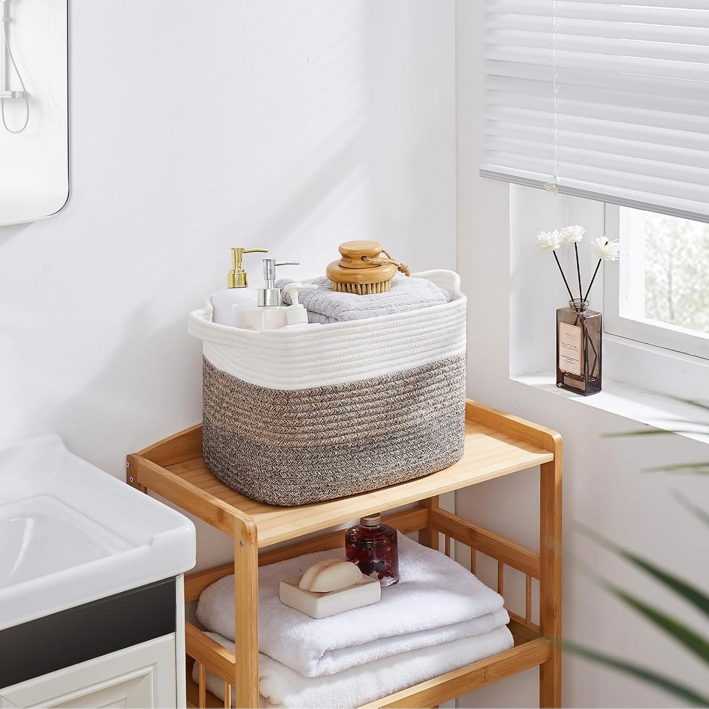 OIAHOMY Storage Basket, Woven Baskets for Storage, Cotton Rope Basket for toys,Towel Baskets for Bathroom - Pack of 3, Gradient Dark Brown