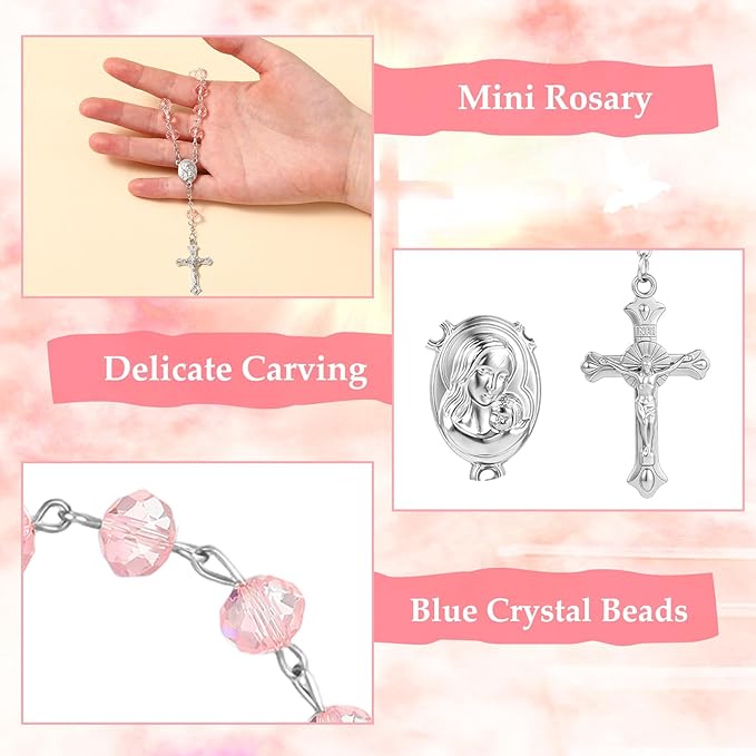 Sureio 50 Sets Baptism Favors Rosary Set Including Mini Rosary Beads Baptism Favors Organza Bags for Baby Shower Wedding Supplies Gifts for Christening Weddings First Communion Easter Gift (Pink)