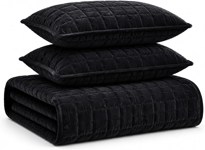 Tribeca Living Luxury Velvet Quilt King Size Set - 260GSM Ultra-Soft Oversized Velvet Bedspread Comforter Set with 2 Shams, in Florence Black