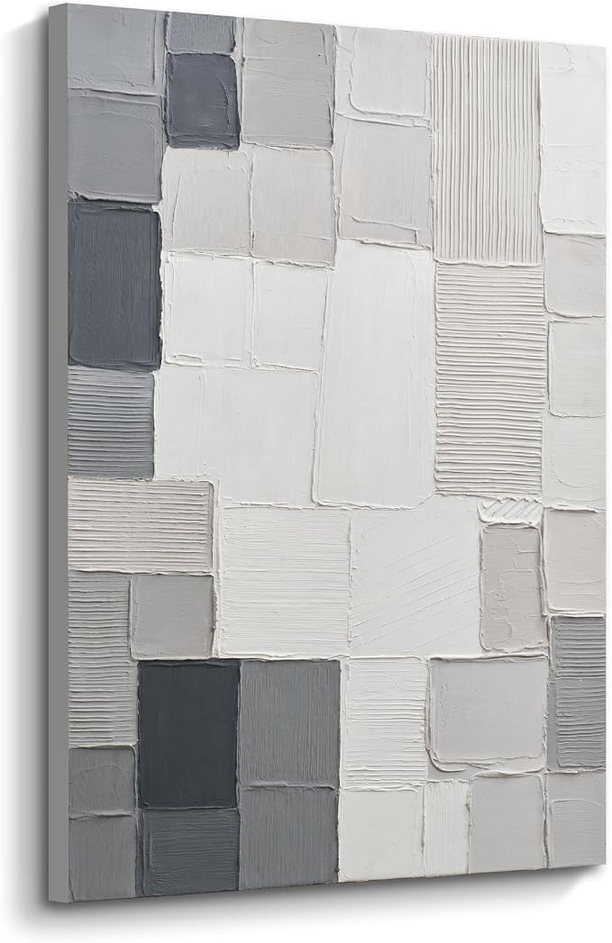 Abstract Mosaic Canvas Wall Art, 24x36" Modern Vertical Textured Wall Decor | Hand-Painted 3D Textured Oil Painting in Neutral Tones, Large Minimalist Artwork for Living Room Bedroom Office Hallways