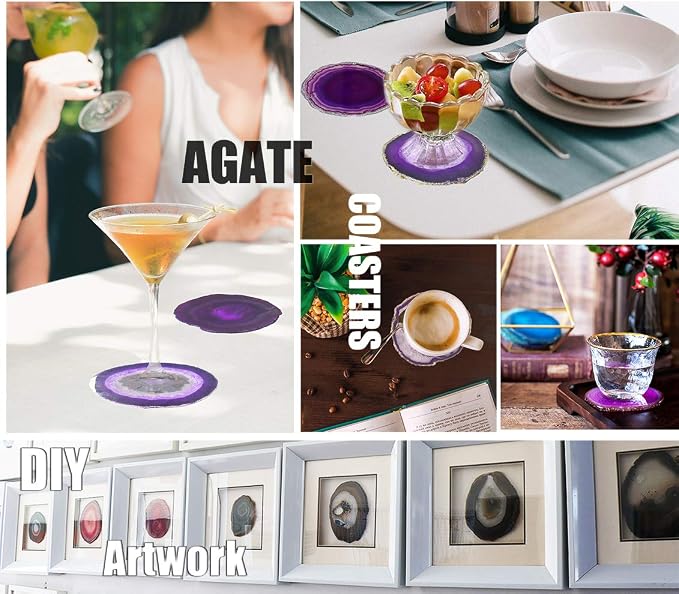 Natural Agate Coasters Set of 4, Dyed Purple 3-3.5" Geode Slices for Small Cups & Glassware, Unique Crystal Stone Decor with Rubber Bumpers