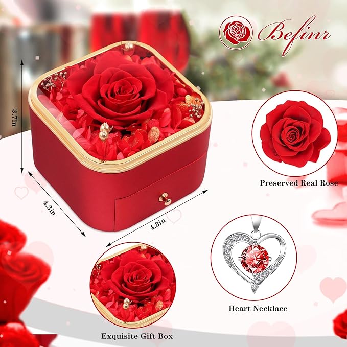 Beferr Gifts for Mom Preserved Real Rose with Red Necklace Eternal Roses Forever Flowers for Delivery Christmas Anniversary Birthday Mothers Day Flowers for Women Her Grandma Wife Daughter Girlfriend