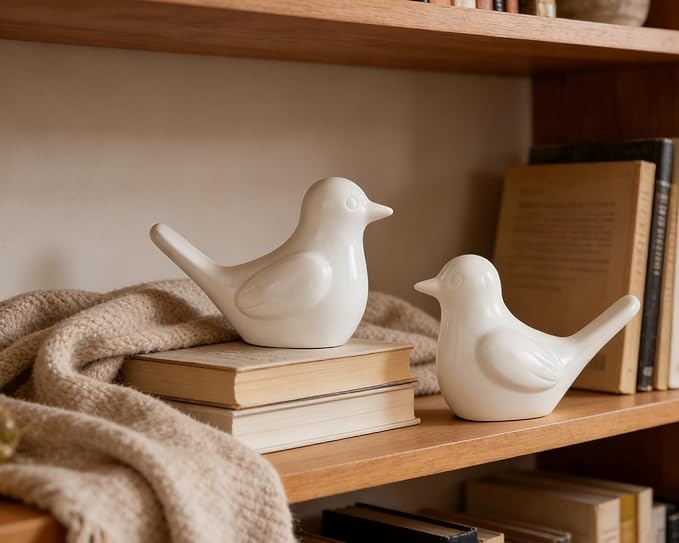 Small White Bird Statue Ceramic 2-Piece Set, 3¾ inch Cute Knick Knack for Home Office Shelf Desk Decor