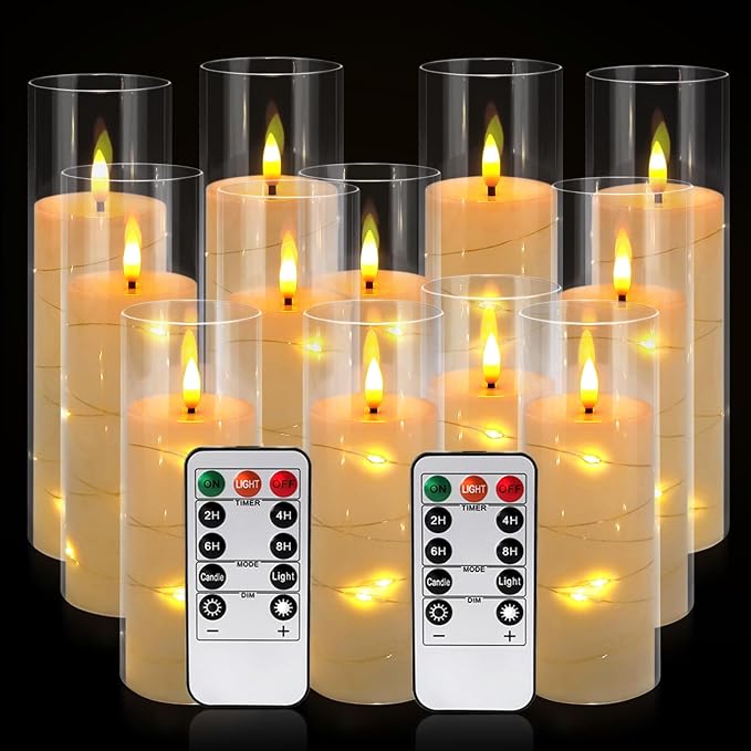 Pack of 12 Ivory Flickering Flameless Candles (D2.2 X H 5" 6" 7") Battery Operated with Remote, White LED Pillar Candles with Realistic Moving Wick for Halloween, Christmas, Home Decor & Wedding.