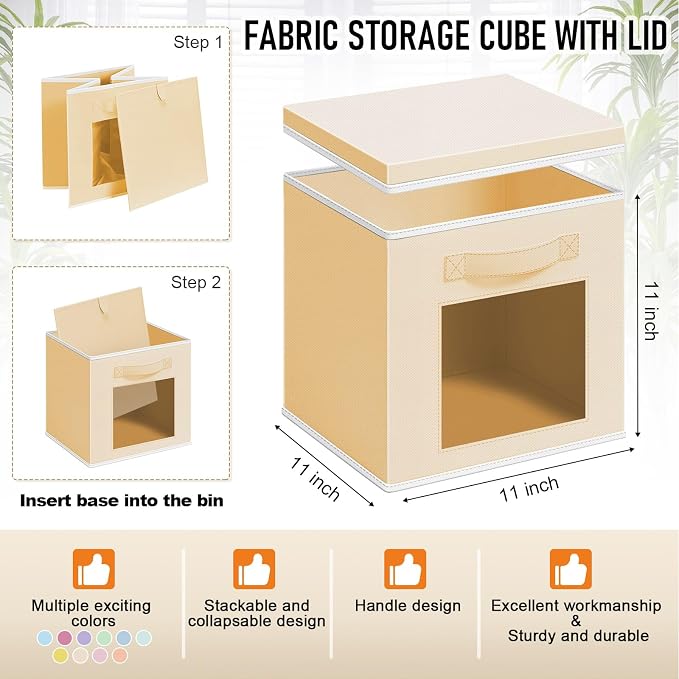 Threehoney 10 Pcs Fabric Storage Cubes with Lids and Clear Windows 11x11 Inch Foldable Closet Organizer Bins Aesthetic Pastel Storage Bins for Shelves Dorm Essentials Craft & Office Organization