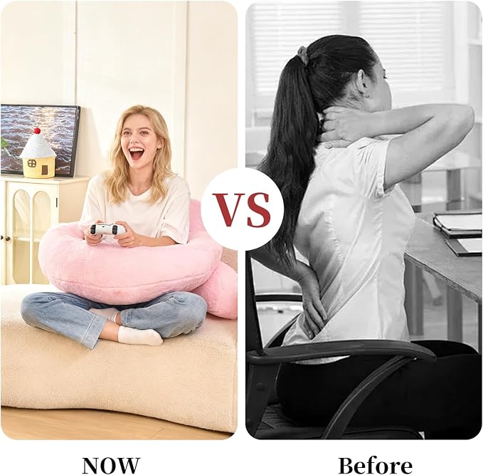 17" Reading Pillow for Bed,U Shaped Arm & Elbow Support,Pink Faux Fur | Backrest Supports Back,U Shaped Lap Pillow Cushions Arms,Elbows & Wrists,Plush Faux Fur for Reading,Gaming,Watching TV