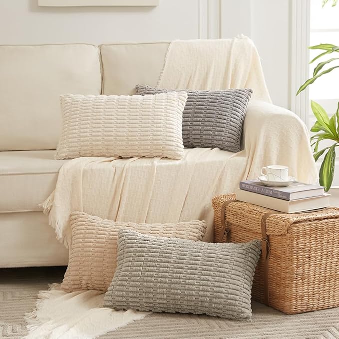 Fancy Homi 4 Packs Grey Decorative Throw Pillow Covers 14x24 Inch for Living Room Couch Bed, Rustic Modern Farmhouse Boho Home Decor, Soft Plush Corduroy Gray Cute Square Accent Cushion Case 35x60 cm