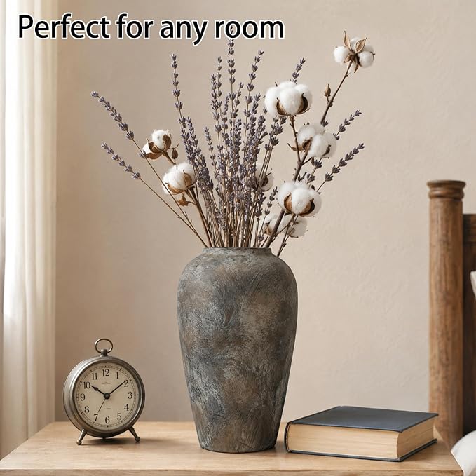12 Inch Vintage Farmhouse Decor Ceramic Rustic Vase, Handmade Brown Flower Vases for Centerpieces, Living Room & Kitchen Shelf Decorative Pottery Vase for Home Decor