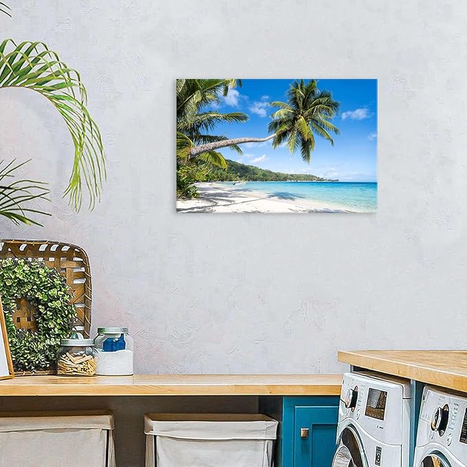 Tropical Palm Trees Wall Art Living Room Coastal Beach Nature Poster Canvas Prints Coconut Trees Seascape Painting Pictures Ocean Scenery Photography for Bedroom Office Modern Home Decorations 16x24"