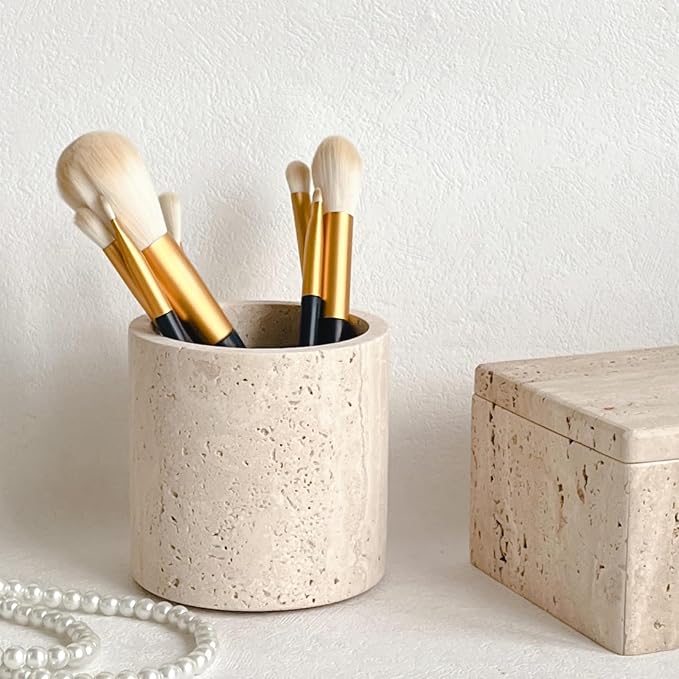 Natural Marble Stone Travertine Jar Container Storage Box Cup with Lid (Beige Travertine)