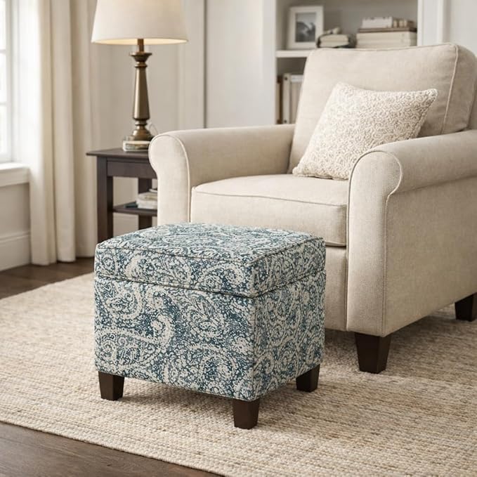 Homepop Home Décor|K7342-F2214|Classic Square Storage Ottoman with Lift Off Lid | Ottoman with Storage for Living Room & Bedroom, Gray Paisley Blue