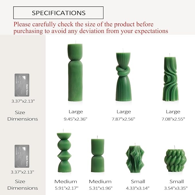 7-Pack Pillar Candles - Soy Wax Handmade Ribbed Candles for Home Decor, Housewarming Gift, Shelf & Table Decor - Aesthetic Modern Candles Set (Green)