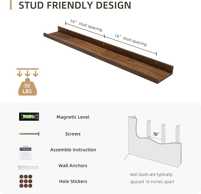 Acovy Picture Ledge Shelf, Wood Floating Shelves, 36 inch, Walnut, Set of 2 | Wall Mounted, For Living Room Kids' Room Bedroom, Photo Ledge Nursery Book Shelves