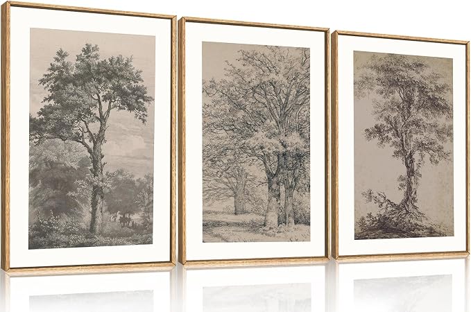 KAIRNE Vintage Tree Sketch Framed Canvas Wall Art Set, Antique Tree Drawings Wall Decor, Retro Forest Art Prints, Modern Nature Landscape Artwork for Living Room, Bedroom, Farmhouse, Office-16 x24 x3