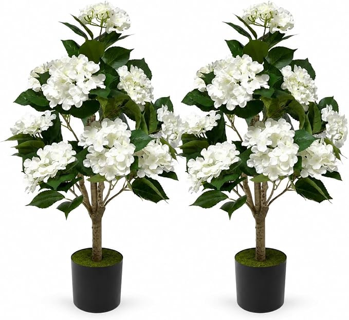 Faux Hydrangea Tree 3ft Set of 2,Artificial Hydrangea Bush UV Resistant,Fake Hydrangea with White Flowers in Pot,Artificial Plants for Outdoor Indoor Front Porch Patio Office Decor