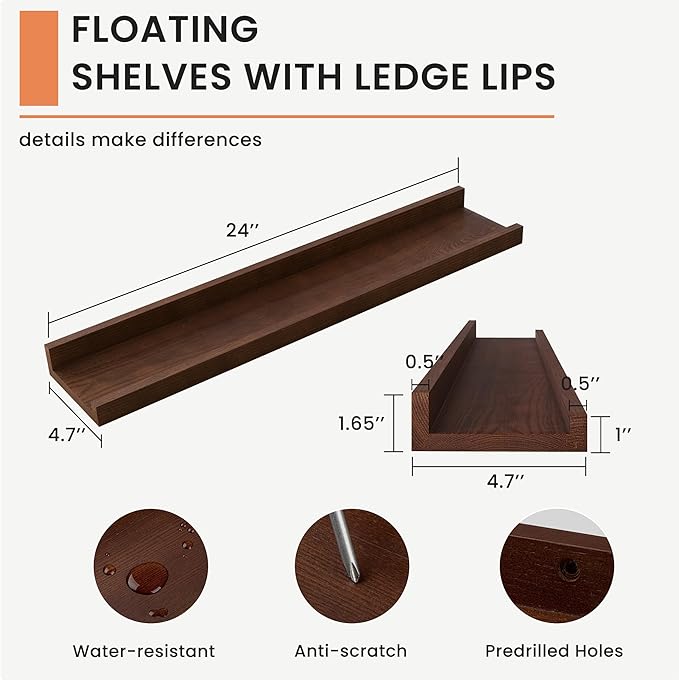 FLYJOE Picture Ledge Shelf for Wall, 24 inch Solid Ash Wood Nursery Book Shelves 2 Packs, Floating Shelves for Kids' Room Bedroom Bathroom Living Room Photo Frames Office Nursey Wall Decor, Walnut