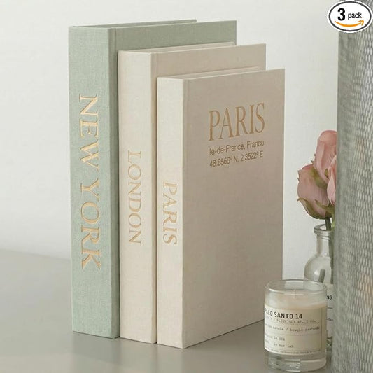 Faux Book Storage Box Set of 3—Green/Beige/Beige—Decorative Faux Books with Hidden Storage for Coffee Table Decor, Bookshelf or Mantle—Linen Decorative Boxes—Aesthetic Book Decor for Home