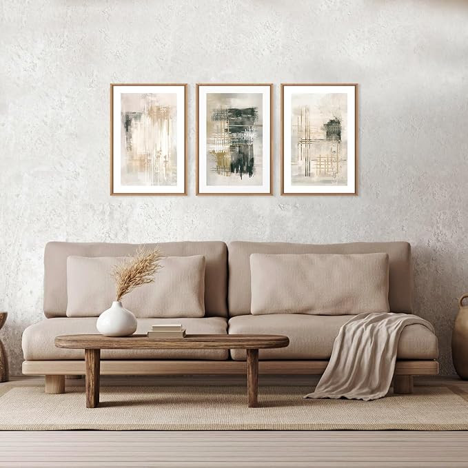 Ausril Abstract Modern Framed Canvas Wall Art Set, Minimalist Neutral Wall Decor, Textured Stroke Art Prints, Beige Black White Artwork for Living Room, Bedroom, Office -16''x24''x3