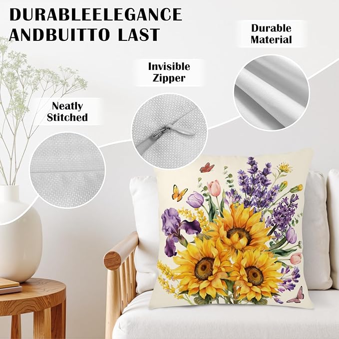 Sunflower Butterfly Throw Pillow Covers Tulip Iris Floral Pillow Covers 20x20 Set of 2 Purple Lavender Flower Pillow Cases Spring Summer Rustic Farmhouse Cushion Cases for Home