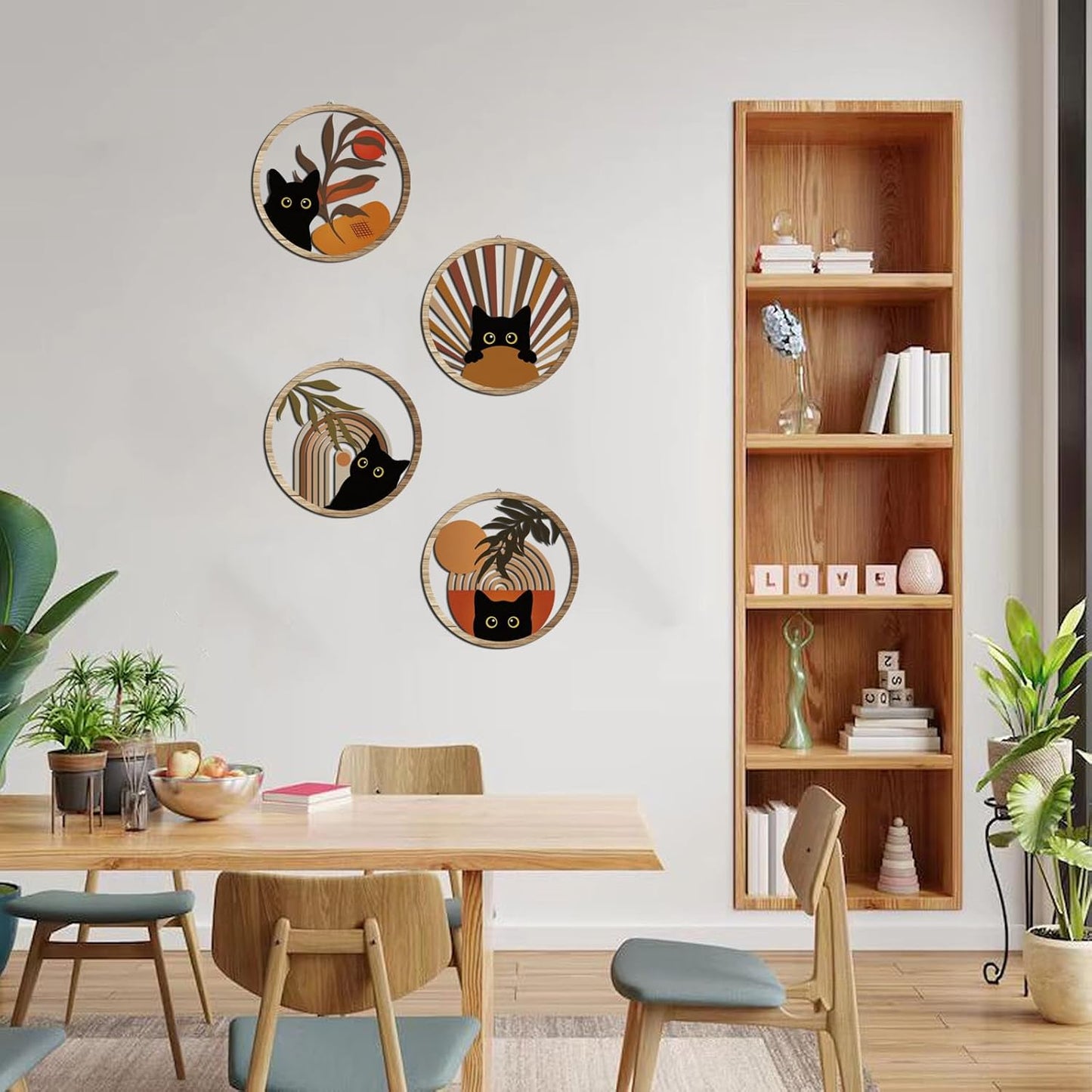 RETRART Boho Black Cat Wall Art Black Cat Room Decor Aesthetic, 4-Piece Farmhouse Geometric Wooden Cat Wall Decor Mid-Century Bohemian Moon Sun Design for Nursery, Bedroom Perfect Cat Lover Gifts