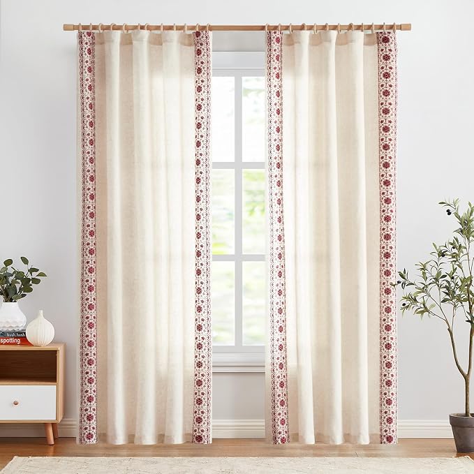 jinchan Boho Curtains for Bedroom Red Vintage Floral Farmhouse Curtains 84 Inches Long Linen Blend Drapes for Living Room Embroidered Light Filtering Drapes Rod Pocket Red on Beige 2 Panels