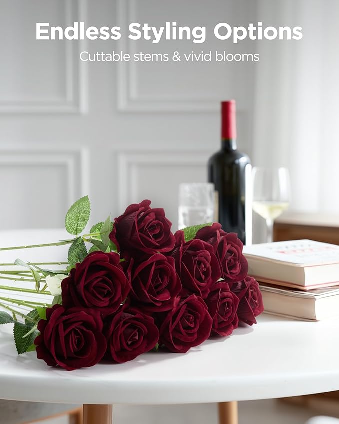 InnoGear 50 Pcs Burgundy Roses Artificial Flowers, Fake Velvet Silk Red Rose Bulk Faux Flower for Decoration Wedding Centerpieces Proposal Bridal Bouquets Shower Party Home Floral Decor (50, Burgundy)