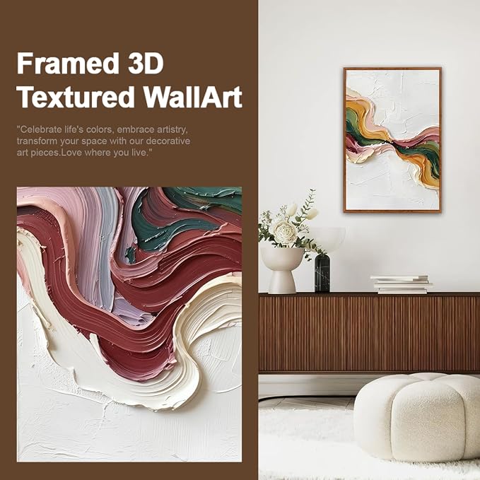 CHDITB 3D Textured Abstract Wave Framed Canvas Wall Art Set, Modern Neutral Earth Tone Picture Flowing Ribbon Wall Decor, Multicolor Minimalist Line Art Prints for Living Room Hallway Home Decor 16"x24"x3