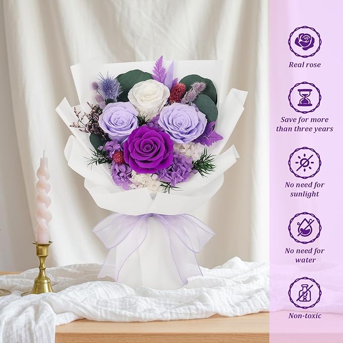 Preserved Flowers Bouquet 4 Roses with Vase,Flowers for Delivery Prime That Last 3-5 Years Real Forever Flowers Rose Bouquet for Mom Mother Women Wife Friends Birthday Mother's Day