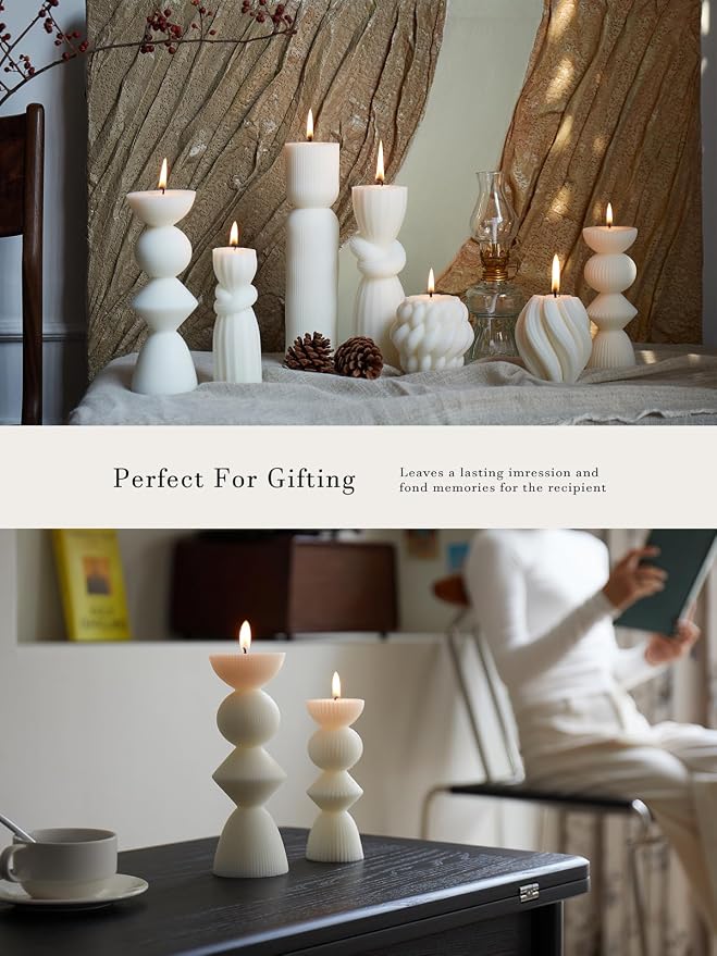 7 Pcs Large Ribbed Pillar Candles - Handmade Soy Wax Candles for Home Decor, Modern Shelf Decor, Housewarming Gift, Aesthetic Room Decor (White)