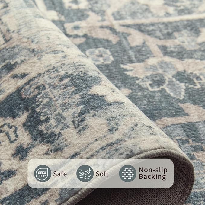 Rugxara 5x7 Area Rugs for Living Room Bedroom, Blue Washable Rug, Vintage Retro Boho Rug, Non Slip & Low Pile Faux Wool Thin Carpet for Indoor Dining Room and Kids Room(Blue 5x7ft)