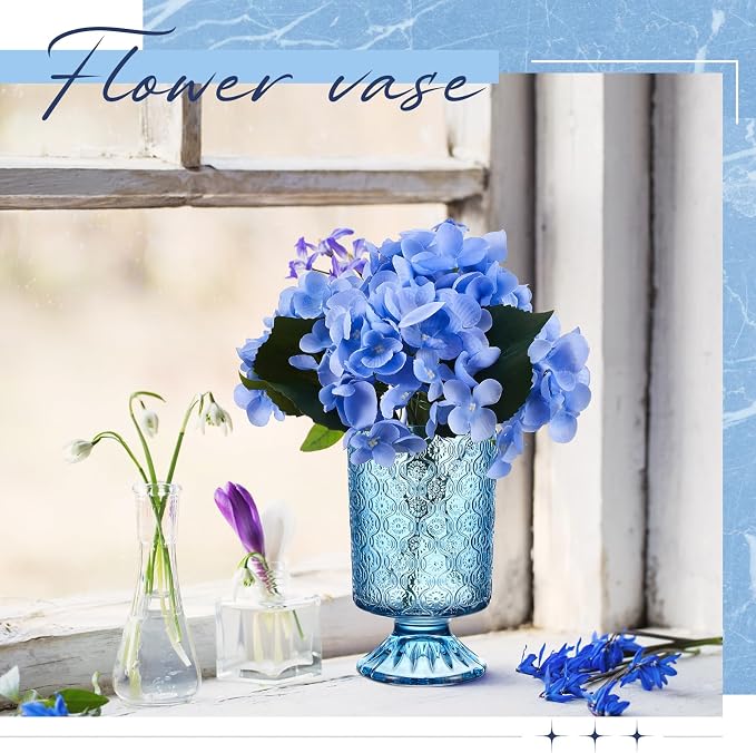 6 Pcs (H: 7" W: 4") Embossed Flower Vase Pedestal Glass Vase Big Base Thickened Crystal Vintage Vases for Wedding Party Home Decor Table Centerpiece House Warming Gifts (Blue,Classic)