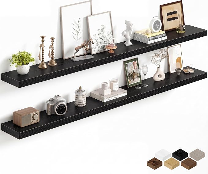 Fun Memories 72Inch Long Floating Shelves, 8 Inch Deep Shelves for Bedroom|Living Room, Wall Mounted Wood Hanging Shelf with Invisible Brackets for Fireplace Mantel Home Storage Decor, Black - 2 Pack