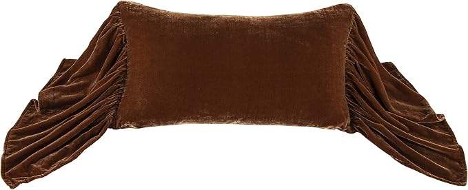HiEnd Accents Stella Faux Silk Velvet Long Ruffled Pillow, 14x26 inch, Copper Brown, Romantic Western Modern Traditional Style Luxury Bedding, Decorative Throw Pillow