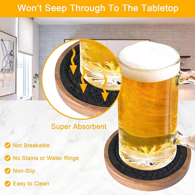Eykao Drink Coasters Set of 5, Coasters for Drinks Absorbent, Wood Coasters for Coffee Table, Housewarming Gift for Farmhouse Home Decor,4 inches (Black)