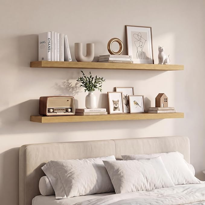 Vivelove Wall Floating Shelves for Display with Invisible Brackets, Long Floating Shelves for Bedroom Bathroom Living Room Kitchen Office, 40”X 8" X 1.4", Set of 2 - Oak