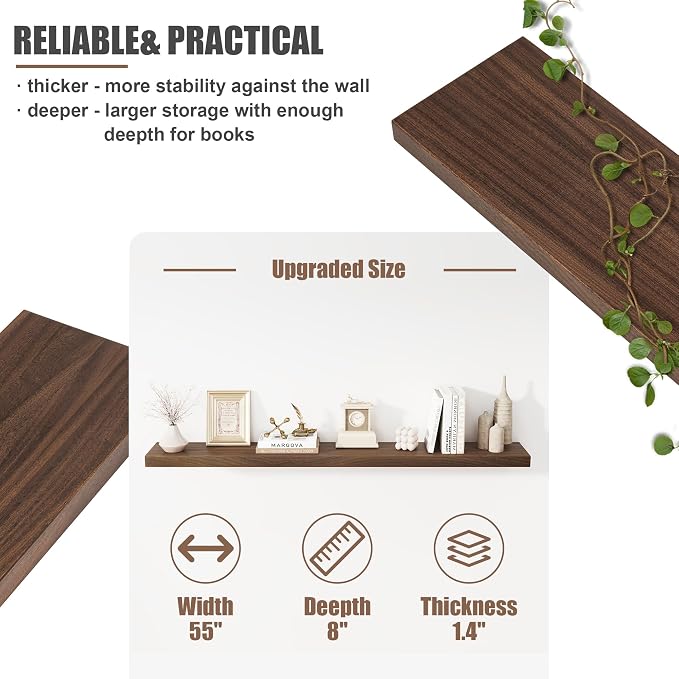FLYJOE Floating Shelves for Wall, USA-Sourced Sapele Wood 55 Inch Long Wall Shelves, Natural Wooden Mounted Picture Ledge Shelf, Nursery Book Storage Shelf Kids Bookshelf, Display Shelf for Bathroom