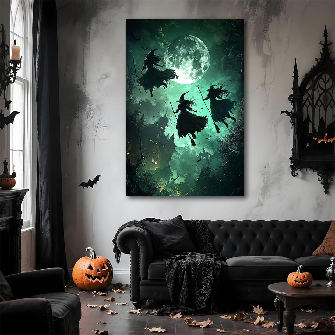 Flying Three Witches Halloween Canvas Wall Painting,Witches on Broom Under Full Moon Castle Victorian Decoration Haunted House Retro Poster for Living Room Bedroom Gallery,24"x36" Unframed