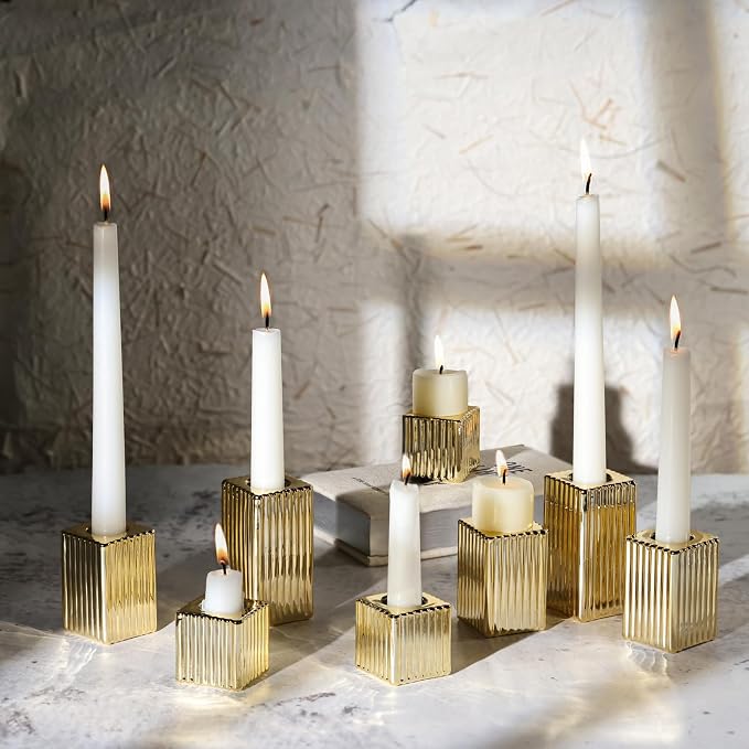 LETINE 14" Tall Hurricane Candle Holders with Gold Ribbed Taper Candle Holders Set of 3– Bulk Windproof Taper Candle Hurricane Glass for Outdoor&Indoors Wedding Centerpiece, Event & Home Decor