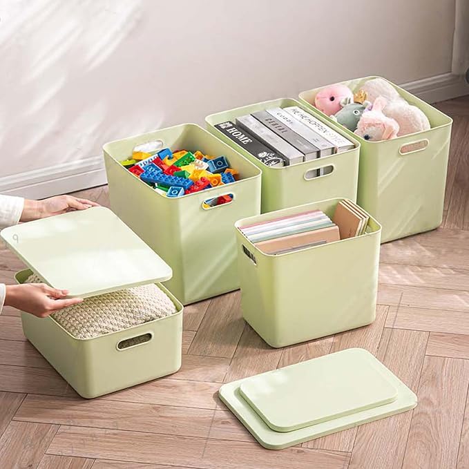 5 pack large plastic White storage bins with Lids, Toy Box Chest with Handle，Organizer Containers Baskets for Baby,Nursery，Shelves，Playroom, Bedroom，Office,Closet，home (Light Green, 5L)