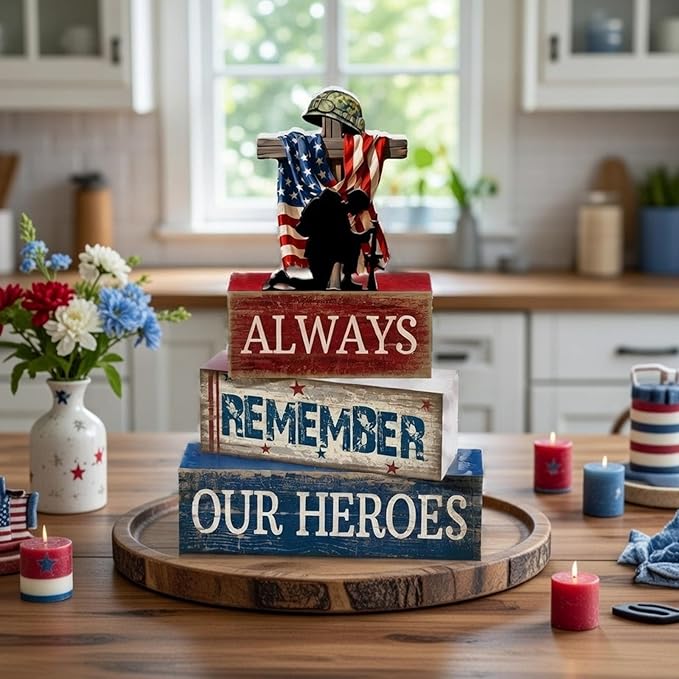CroBlissful 4 Pcs Memorial Day Decorations 4th of July Patriotic Tabletop Decoration Red White Blue Table Centerpieces Alway Remember Our Heroes Sign for Tiered Tray Home Shelf 250th Anniversary