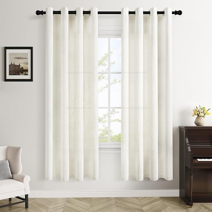 Cream 72 Inch Long Linen Curtains 2 Panels Set for Living Room Dining Grommet Linen Drapes Light Filter Boho Farmhouse Neutral Semi Sheer Curtain 72 Inches Length for Closet Cabin Bedroom Ivory