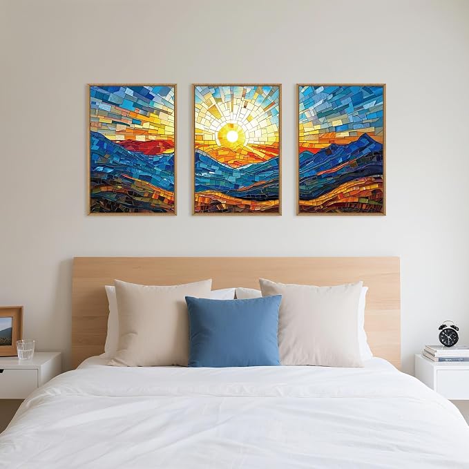 Mountains Framed Canvas Wall Art Set, Modern Abstract Art Painting, Irregular Square Ridge Wall Decor, Sunrise Art Print for Living Room, Bathroom, Bedroom, Office-16 x24 x3