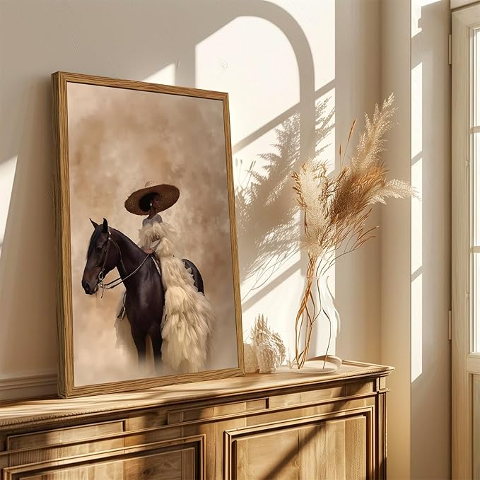 Framed Western Cowgirl Wall Art, Fashion Black Girl Riding Horse Canvas Wall Decor Painting, Black Woman African American Bride Pictures Prints Aesthetic Home Decor for Living Room Bedroom 16x24 inch