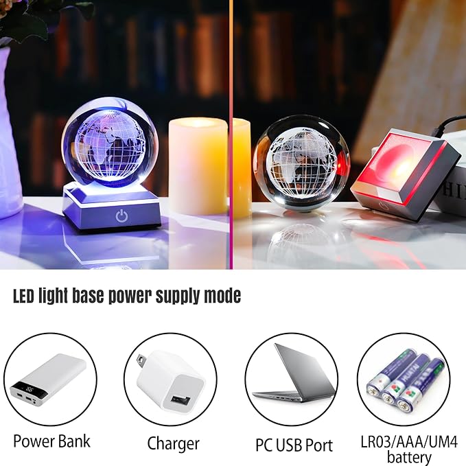 3.15'' 3D Earth Crystal Ball with Silver LED Colorful Light Base, Science Universe Astronomy Gifts for Astronomy Lovers, Kids, Engraved Earth Model Decor Figurine Collection for Home Decor