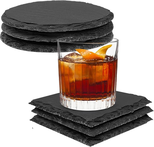 6 Pieces Slate Coasters, Diameter Size 4 inch Black Coasters Stone Coaster Set, Perfect for use in Your Home, Office, Kitchen,bar,Christmas or Anywhere.（3 Square Pieces+3 Round Pieces）