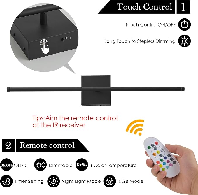KARTOOSH 32.2 Inch Battery Operated Wall Sconces Wireless Set of 2, Black | RGB Wall Lamps, 3 Color Temps, Remote Control, Dimmable Rotatable, LED Wall Lights for Living Room Bedroom
